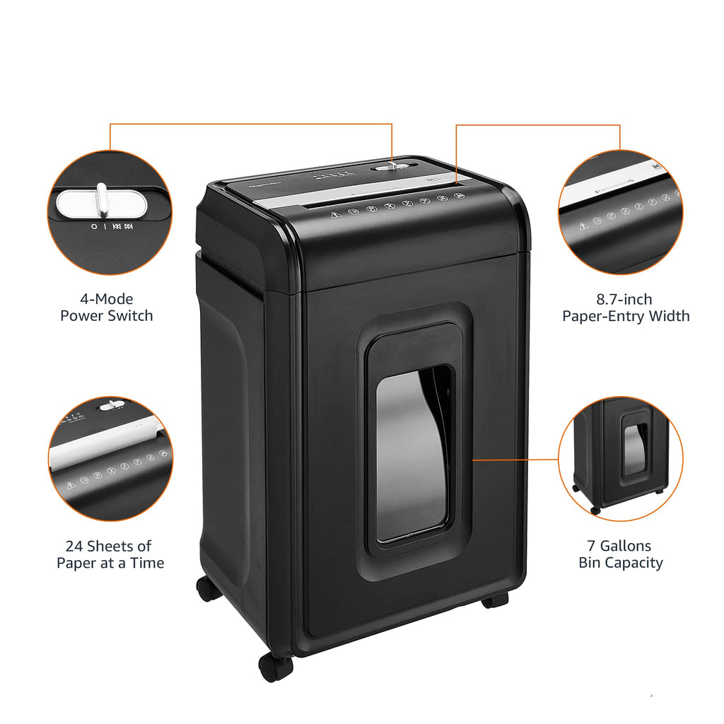 Amazon Basics 18 Sheet Cross Cut Paper, CD, and Credit Card Shredder with 6 Gallon Bin, 30 Minutes Continuous Run Time, Black