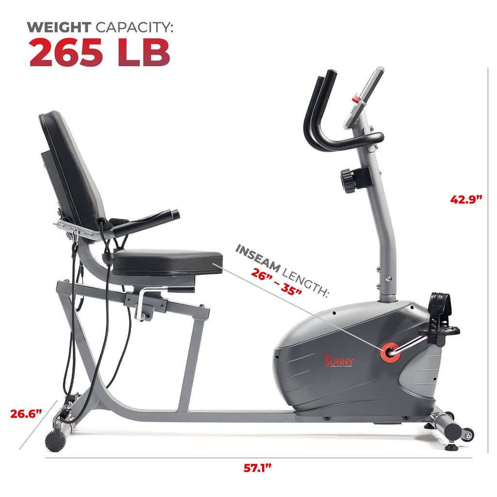 Sunny Health & Fitness Smart Magnetic Recumbent Bike for Home Cardio