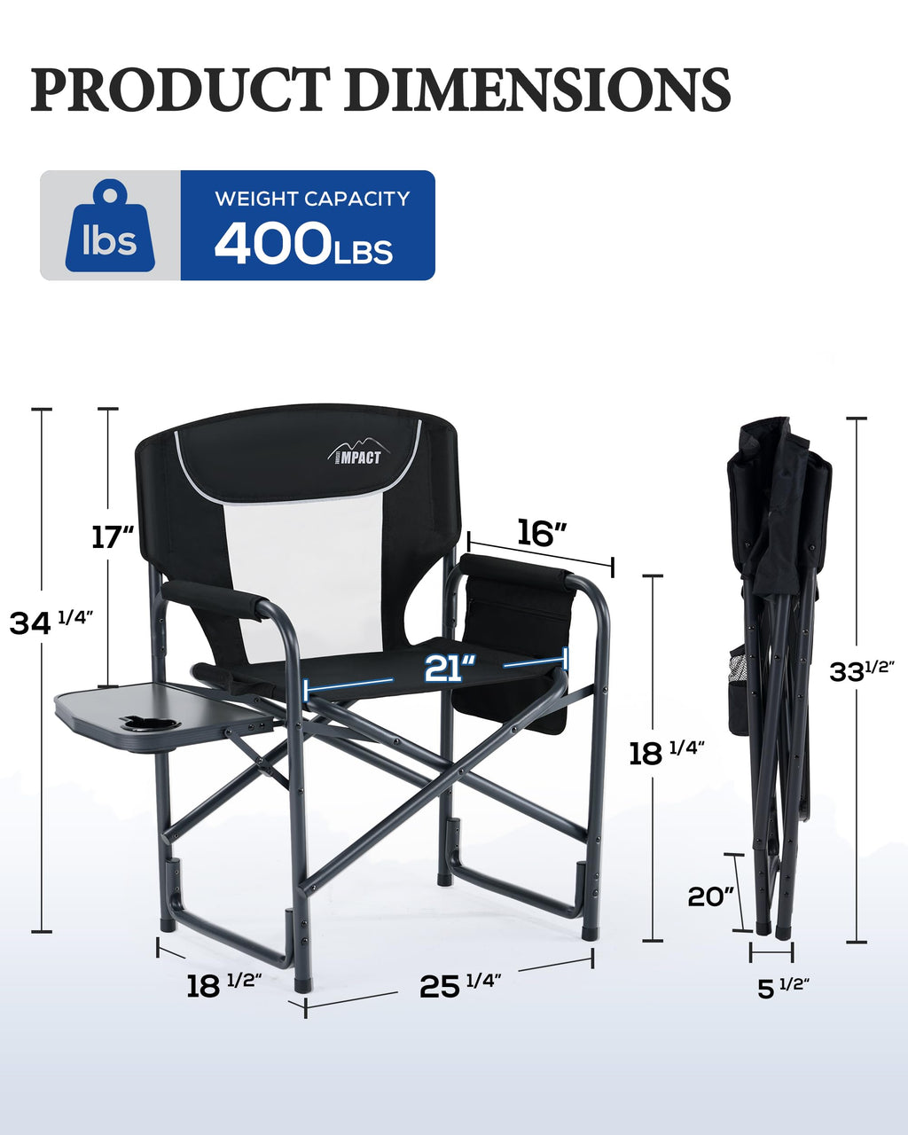Aluminum Tall Camping Directors Chair 30.7" Seat Height, 400lbs Load