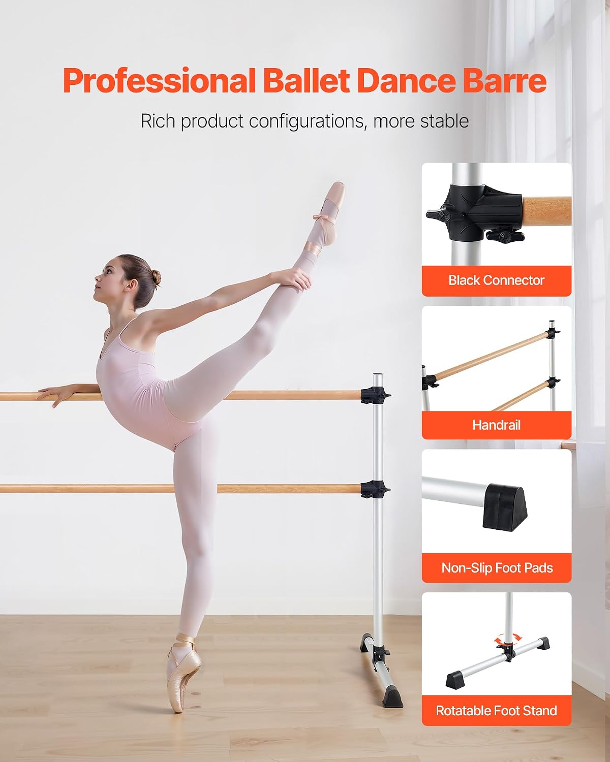 VEVOR Ballet Barre, Barre Bar for Home, Freestanding Portable Ballet Stretching Dance Bars, Height Adjustable Anti-Wobble Fitness Gym Studio Equipment