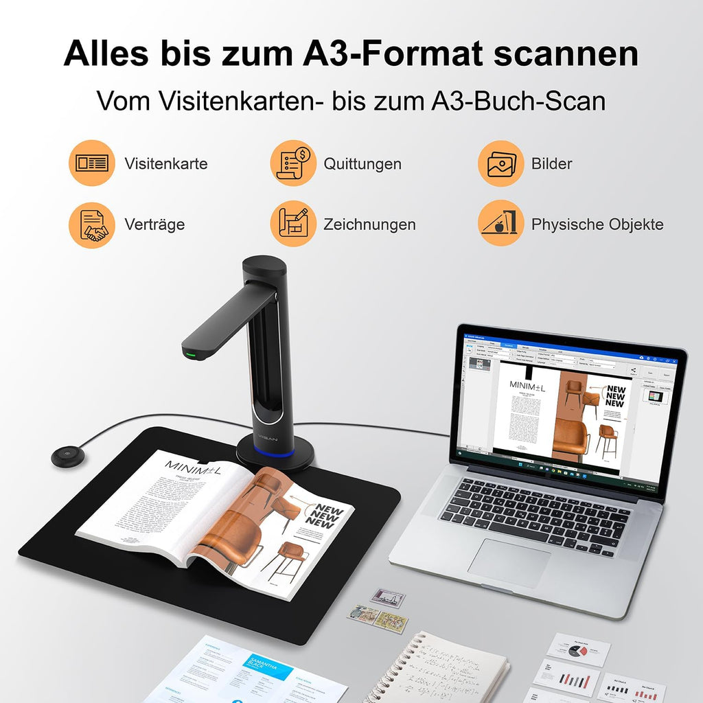 VIISAN K48 48MP Book Scanner & Document Camera, AI-Powered USB Camera with 600 DPI â Used for Book Digitization, Archiving & OCR, Auto Page Smoothing, Laser Positioning, Windows/Mac