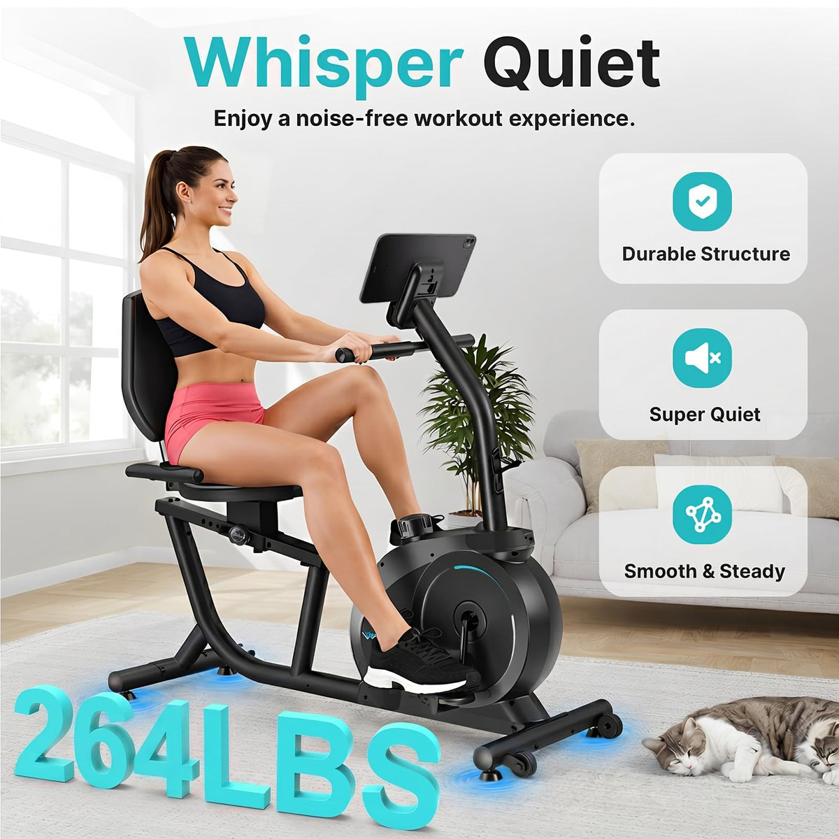 Wenoker Recumbent Exercise Bike for Home, Quiet Magnetic Stationary Bike with Bluetooth APP Connectivity, 15-Level Magnetic Resistance, Adjustable Seat, LCD Monitor, Indoor Cycling Bike, 350 LB Capacity