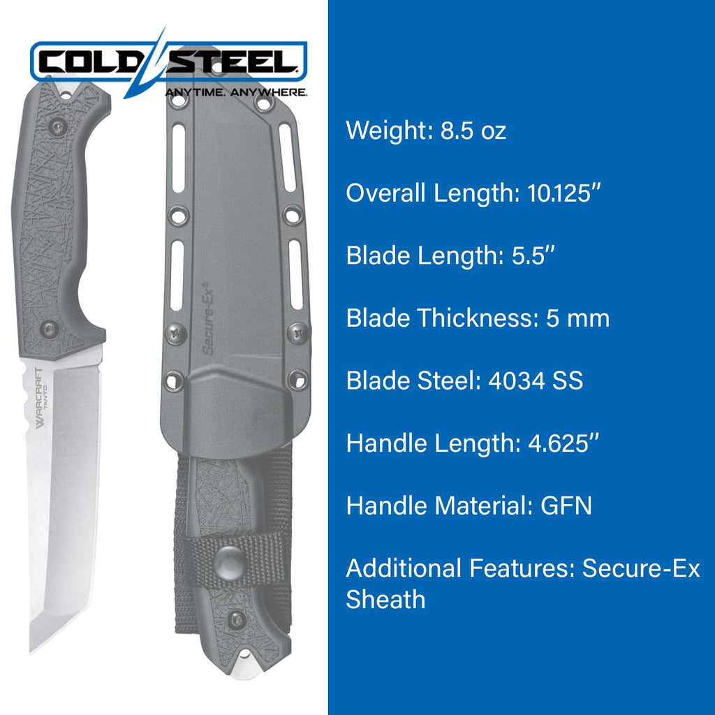 COLD STEEL Warcraft Tanto 4034SS Razor-Sharp Durable Blade GFN Handle Military Tactical Fixed Blade Knife w/Secure-Ex Sheath