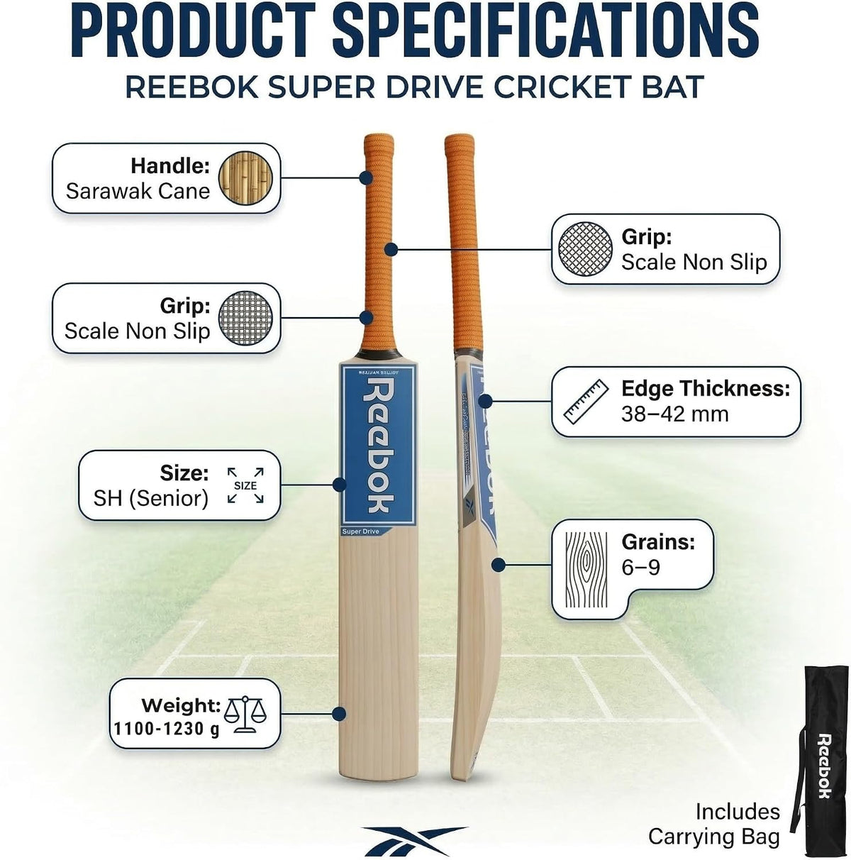 REEBOK Super Drive (, Leather Bat) SH Kashmir Willow Cricket Bat for 15+ Yrs (1100 g) Bat Grip and Sticker May Vary Based on Availability