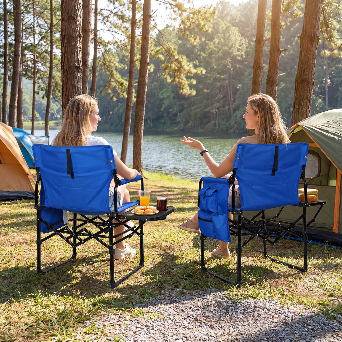 Romswi 2 Pack 30" Extra Tall Folding Camping Chairs, Heavy Duty Director Chairs with Side Table, Cup Holder & Storage Pocket, 400 LBS Support, Portable Outdoor Chairs for Camping, Sports, Events, Blue