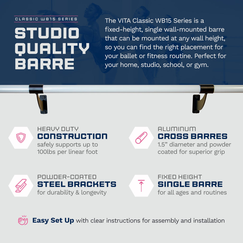 Vita Barre Wall-Mounted Single Ballet Barre, Classic WB15, Aluminum | Fixed Height, Made in USA, Home, Studio or Gym Exercise Equipment for Kids & Adults | Dance, Fitness, Pilates