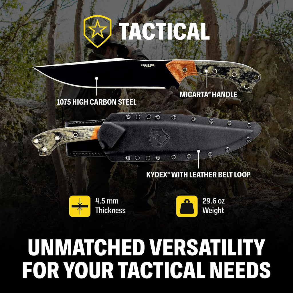 Condor Tool & Knife Atrox Knife | Hunting Knife with Kydex with Leather Belt Loop Sheath | High Carbon Steel Survival Knife with a Micarta Handle | Fixed Blade Tactical Knife | 10.9 in Blade | 29.6oz