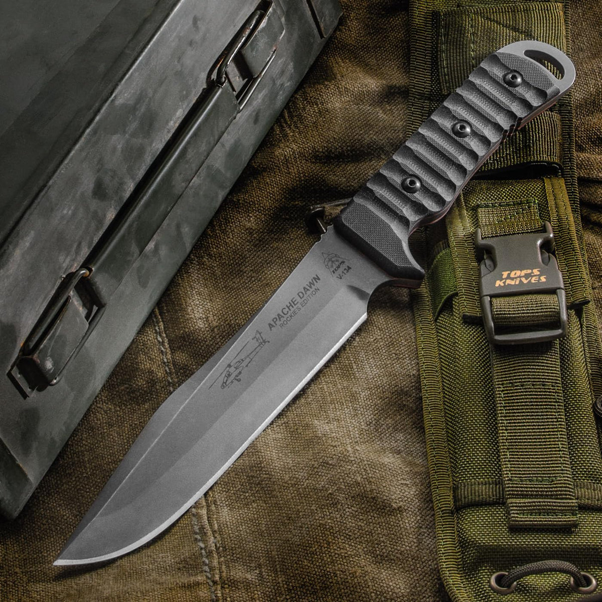 Tops Knives Apache Dawn Rockies Edition Full Tang Fixed Blade- Tumble Finish- Olive Drab MIL-SPEC Nylon Sheath (Black G10 Handle)