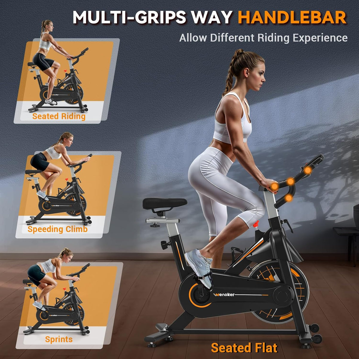 Exercise Bike, Wenoker Stationary Bike for Home, App Supported Indoor Bike with Adjustable Seat and Multi-grips Handlebar