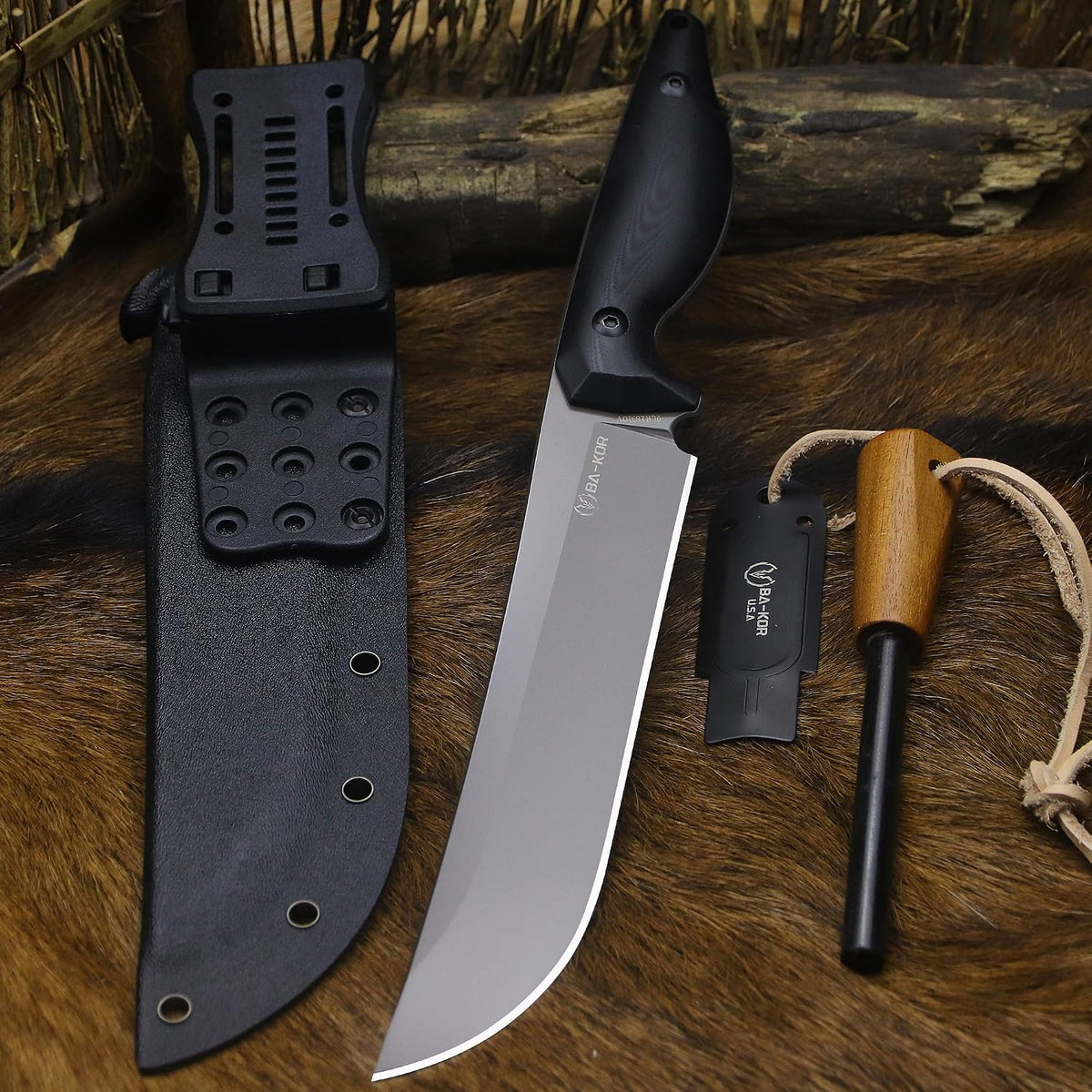 BA-KOR 5MM (9CR18MOV) steel 12.8'' full tang Hunting knife +K sheathing &5.9" cerium igniter can be used outdoors for outdoor hunting, camping, obstacle clearing, wood chopping, BBQ, fishing, kitchen cutting, EDC tools, gifts (G10 Black-C, Inches, 12.8)