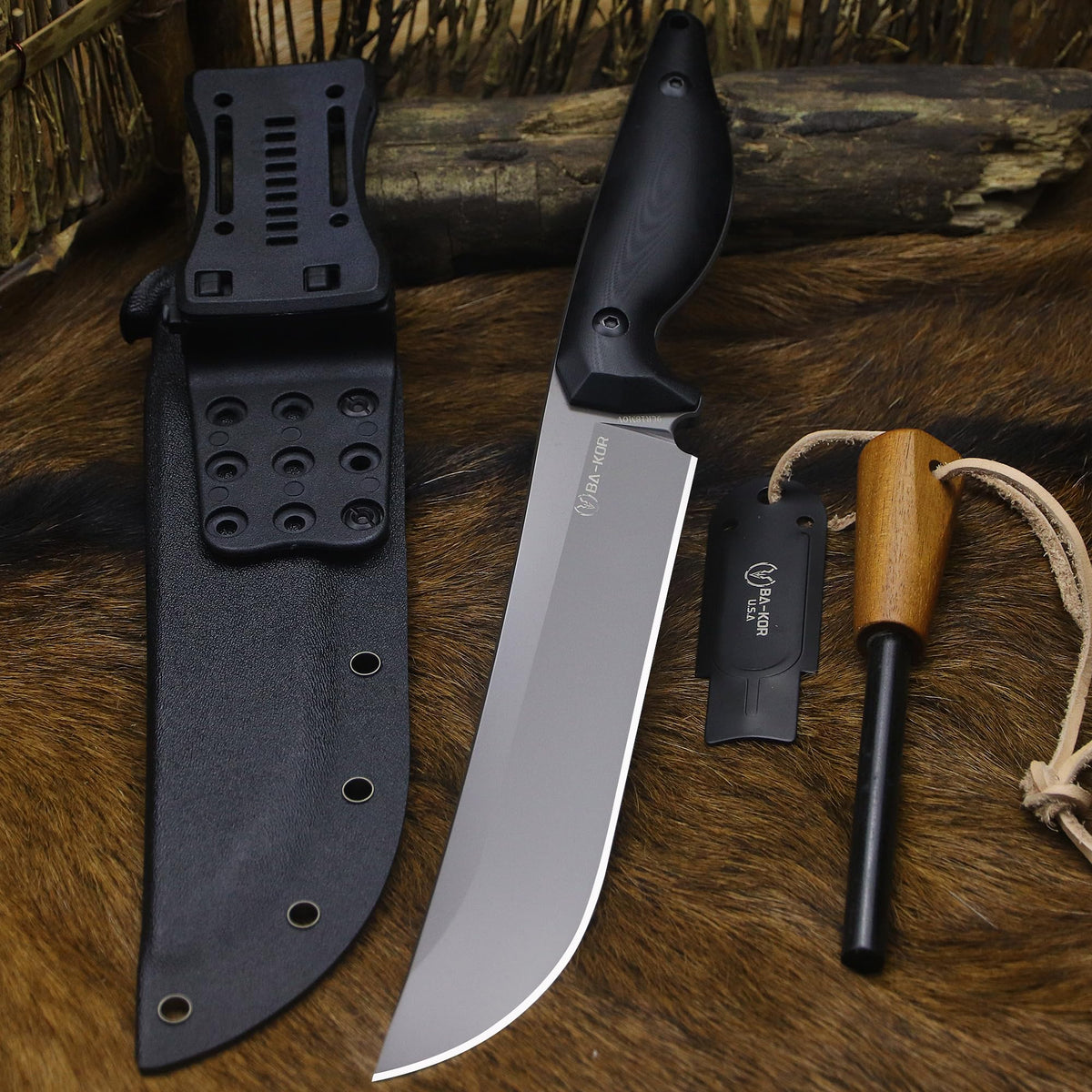 BA-KOR 5MM (9CR18MOV) steel 12.8'' full tang Hunting knife +K sheathing &5.9" cerium igniter can be used outdoors for outdoor hunting, camping, obstacle clearing, wood chopping, BBQ, fishing, kitchen cutting, EDC tools, gifts (G10 Black-C, Inches, 12.8)