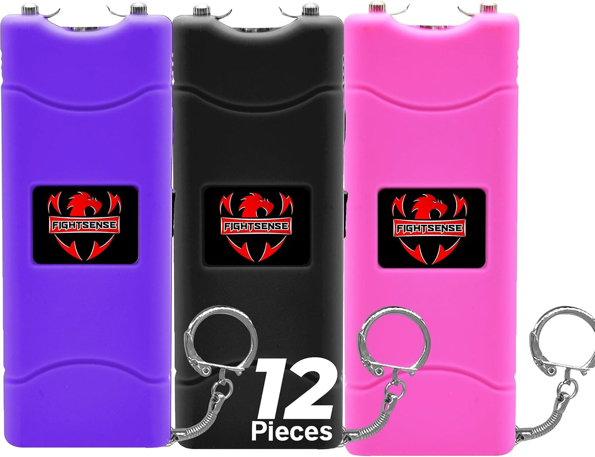 FIGHTSENSE (12 pcs) Wholesale Bulk Stun Gun Flashlight for Men and Women self Defense Device, Rechargeable Stun Gun, Nylon Holsters