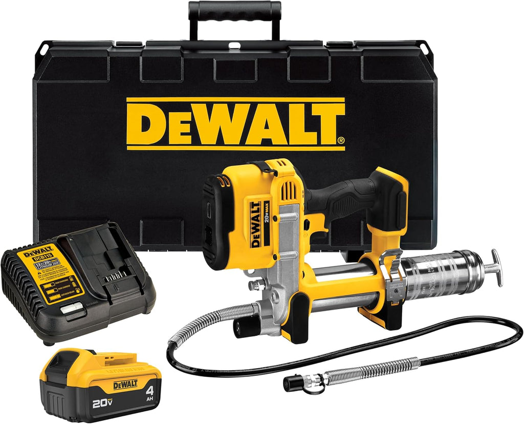 DEWALT Grease Gun Kit 20V MAX with 4.0Ah Battery and Charger, Cordless Grease Gun, LED Light, 42â Hose, 10,000 PSI, Variable Speed Triggers (DCGG571M1)