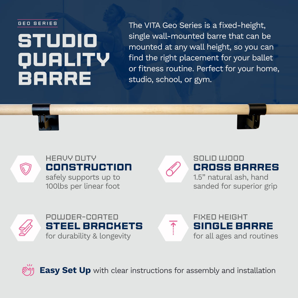 VITA Barre Wall-Mounted Single Ballet Barre, Geo, Wood | Fixed Height, Made in USA, Home, Studio or Gym Exercise Equipment for Kids & Adults | Dance, Fitness, Pilates