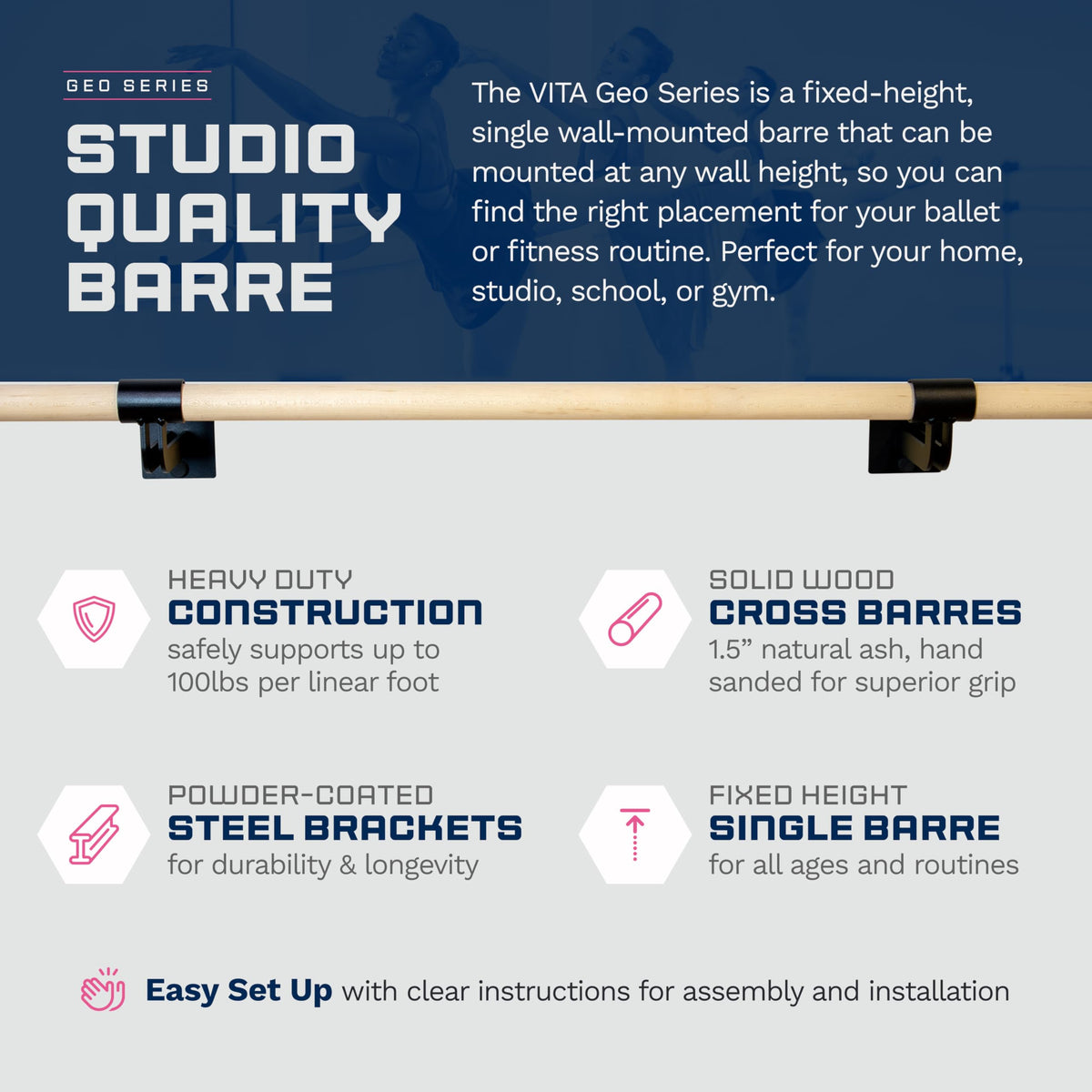 VITA Barre Wall-Mounted Single Ballet Barre, Geo, Wood | Fixed Height, Made in USA, Home, Studio or Gym Exercise Equipment for Kids & Adults | Dance, Fitness, Pilates