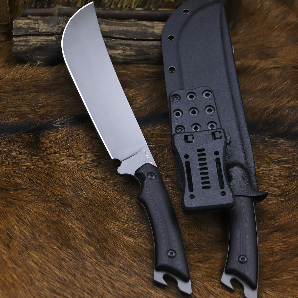 BA-KOR 5MM (9CR18MOV) steel 12.8'' full tang Hunting knife +K sheathing &5.9" cerium igniter can be used outdoors for outdoor hunting, camping, obstacle clearing, wood chopping, BBQ, fishing, kitchen cutting, EDC tools, gifts (G10 Black-C, Inches, 12.8)