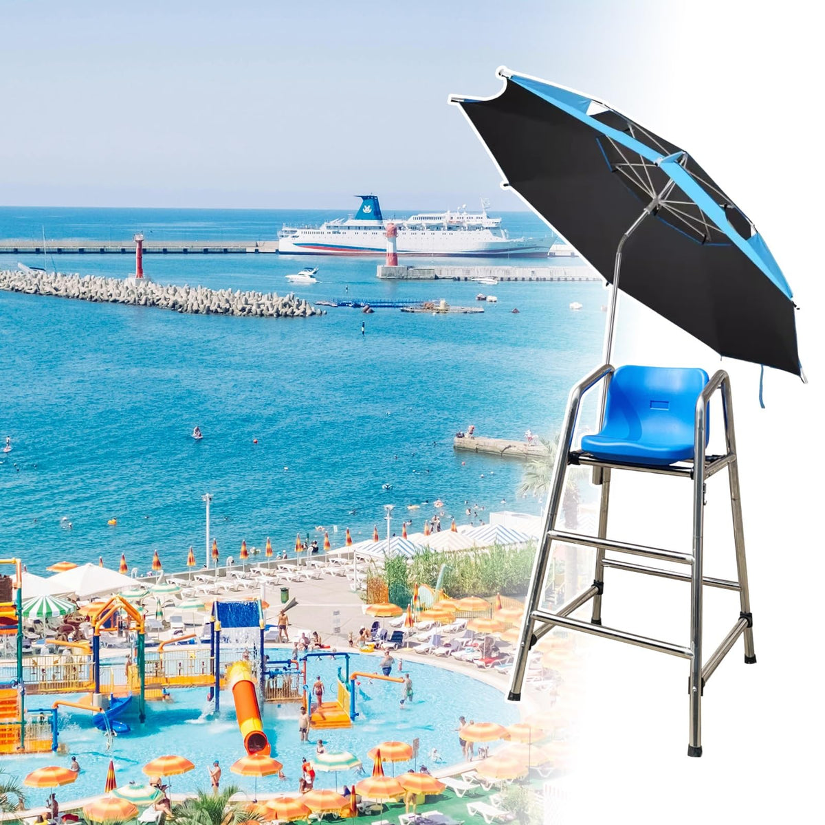 Detachable Stainless Steel Lifeguard Chair with Parasol - 70.8" Outdoor Observation Seat for Pools, Beaches, Waterparks & Referee Stand - Durable, Weather-Resistant Design,180cm (70.8")