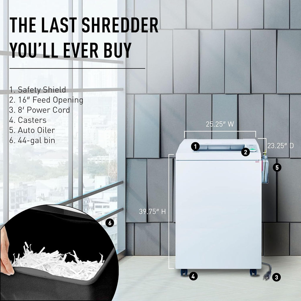 4005 Cross Cut Commercial Office Paper Shredder with Automatic Oiler, Continuous Operation, 37-39 Sheet Capacity, 44 Gal Bin, 20AMP Required
