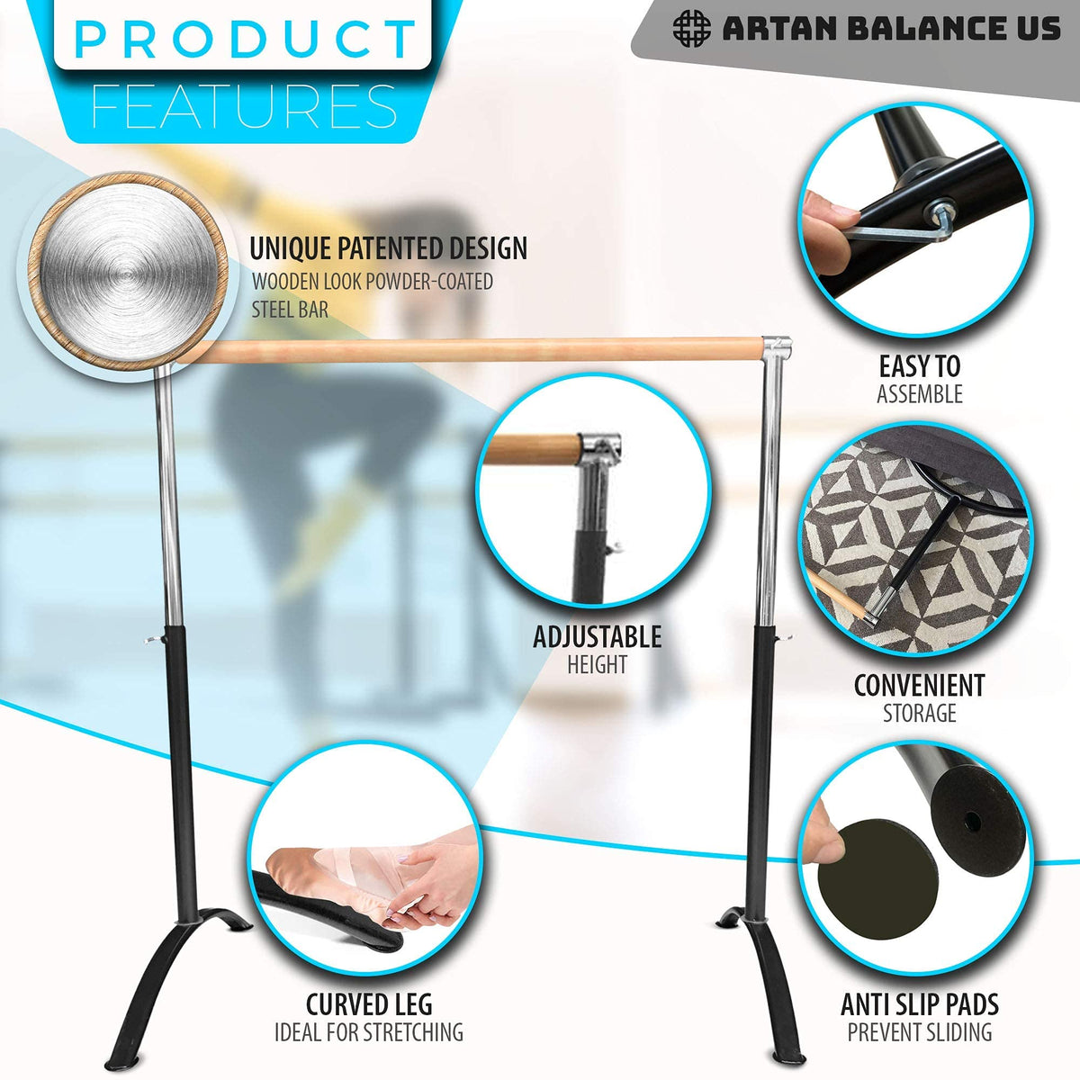 Ballet Barre Portable for Home or Studio, Freestanding Adjustable Bar for Stretch, Balance, Pilates, Dance or Active Workouts, Single or Double Bar, Kids and Adults