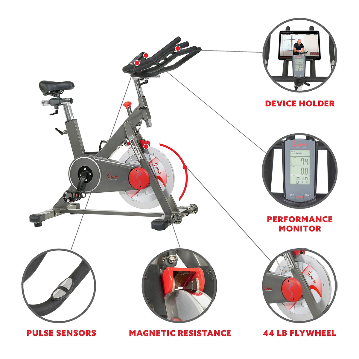 Sunny Health & Fitness Magnetic Exercise Bike, 44LB Flywheel & 300LB Weight Capacity for Intensive Home Workout, Indoor Cardio Training w/4-Way Adjustable Seat, Optional Free SunnyFit App Connection