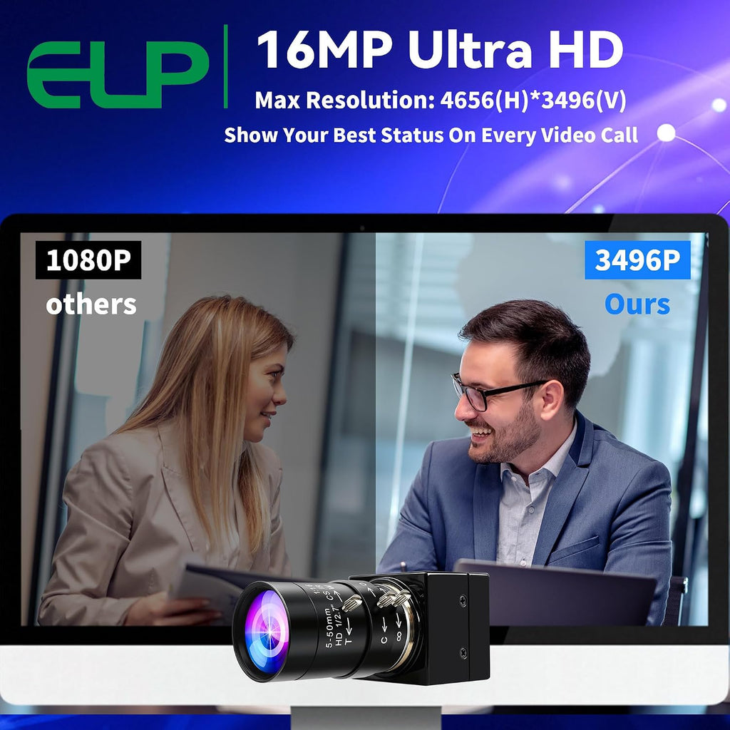 ELP 16MP Wide Angle USB Camera 5-50mm 10X Zoom Webcam for Raspberry Pi 4K Web Camera for Computer Mini UVC USB2.0 PC Variable Focus Web Cam IMX298 Industrial Lightburn Cameras for Laptop,Jetson Nano