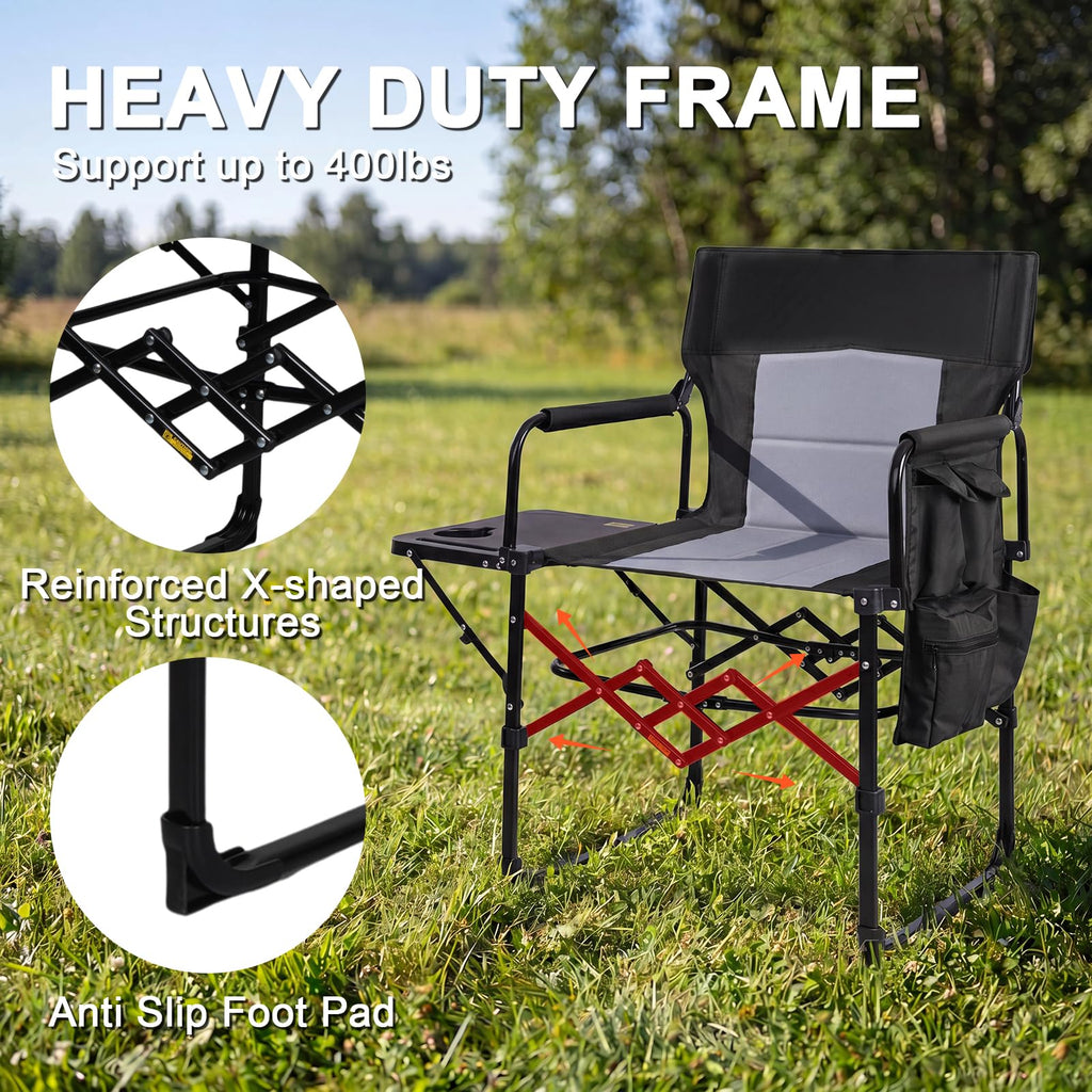 Romswi 2 Pack 30" Extra Tall Folding Camping Chairs, Heavy Duty Director Chairs with Side Table, Cup Holder & Storage Pocket, 400 LBS Support, Portable Outdoor Chairs for Camping, Sports, Events, Blue