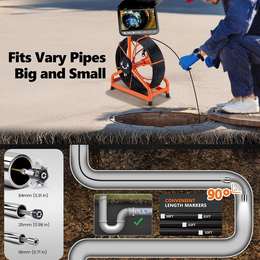 [ChoosePROÂ®] HD1080P Sewer Camera 7'' w/1s Twist-Unlock System, DVR-32GB, 0.64'' Thicker Reel, 5000mAh 100FT Marked Cable, Plumbing Pipe Inspection Camera for Drain & Sewer Inspection