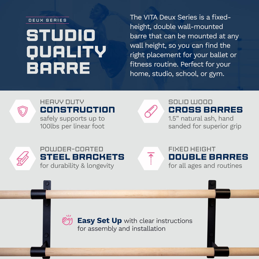 VITA Barre Wall-Mounted Double Ballet Barre, Deux, Wood | Fixed Height, Made in USA, Home, Studio or Gym Exercise Equipment for Kids & Adults | Dance, Fitness, Pilates