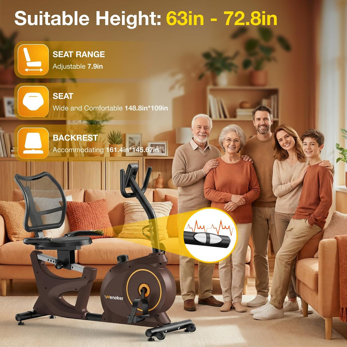 Wenoker Recumbent Exercise Bike for Home, Quiet Magnetic Stationary Bike with Bluetooth APP Connectivity, 15-Level Magnetic Resistance, Adjustable Seat, LCD Monitor, Indoor Cycling Bike, 350 LB Capacity