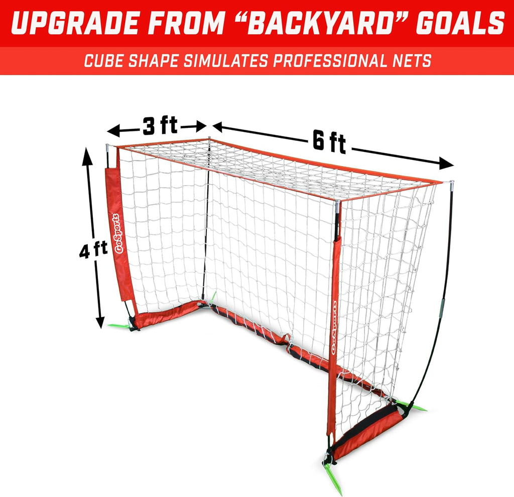 GoSports Elite Soccer Goals - 12 x 6 ft and 6 x 4 ft Portable Soccer Nets for Games or Practice - Includes 6 Cones, Carrying Case, and Ground Stakes