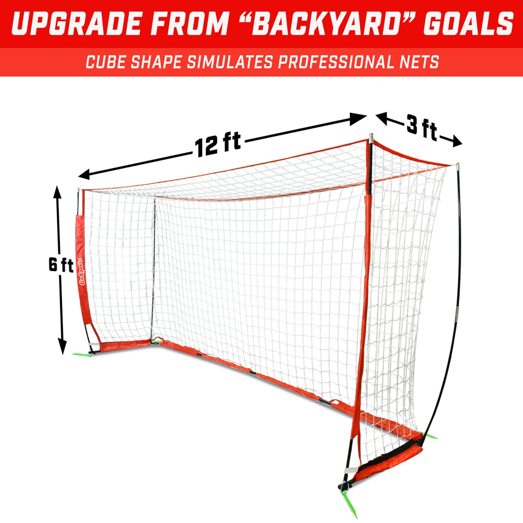 GoSports Elite Soccer Goals - 12 x 6 ft and 6 x 4 ft Portable Soccer Nets for Games or Practice - Includes 6 Cones, Carrying Case, and Ground Stakes