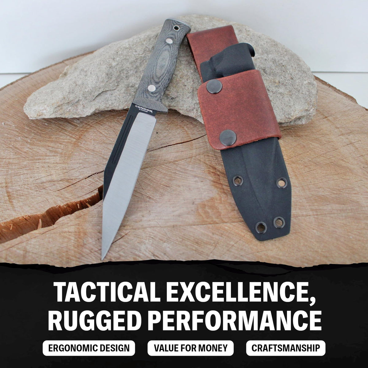 Condor Tool & Knife Atrox Knife | Hunting Knife with Kydex with Leather Belt Loop Sheath | High Carbon Steel Survival Knife with a Micarta Handle | Fixed Blade Tactical Knife | 10.9 in Blade | 29.6oz