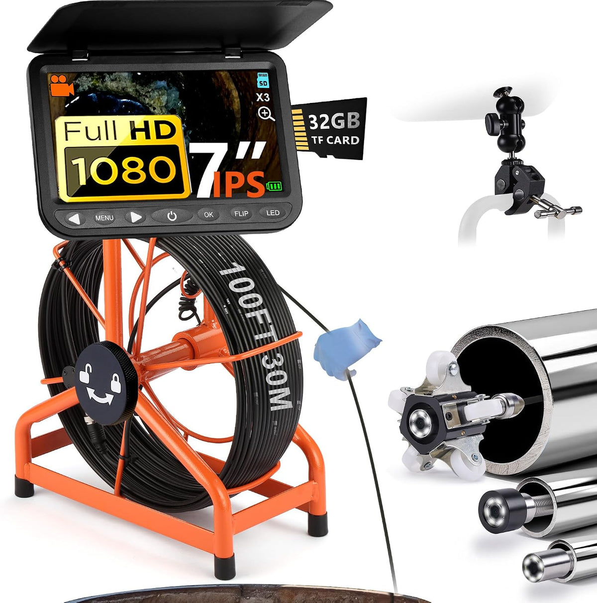 [ChoosePROÂ®] HD1080P Sewer Camera 7'' w/1s Twist-Unlock System, DVR-32GB, 0.64'' Thicker Reel, 5000mAh 100FT Marked Cable, Plumbing Pipe Inspection Camera for Drain & Sewer Inspection
