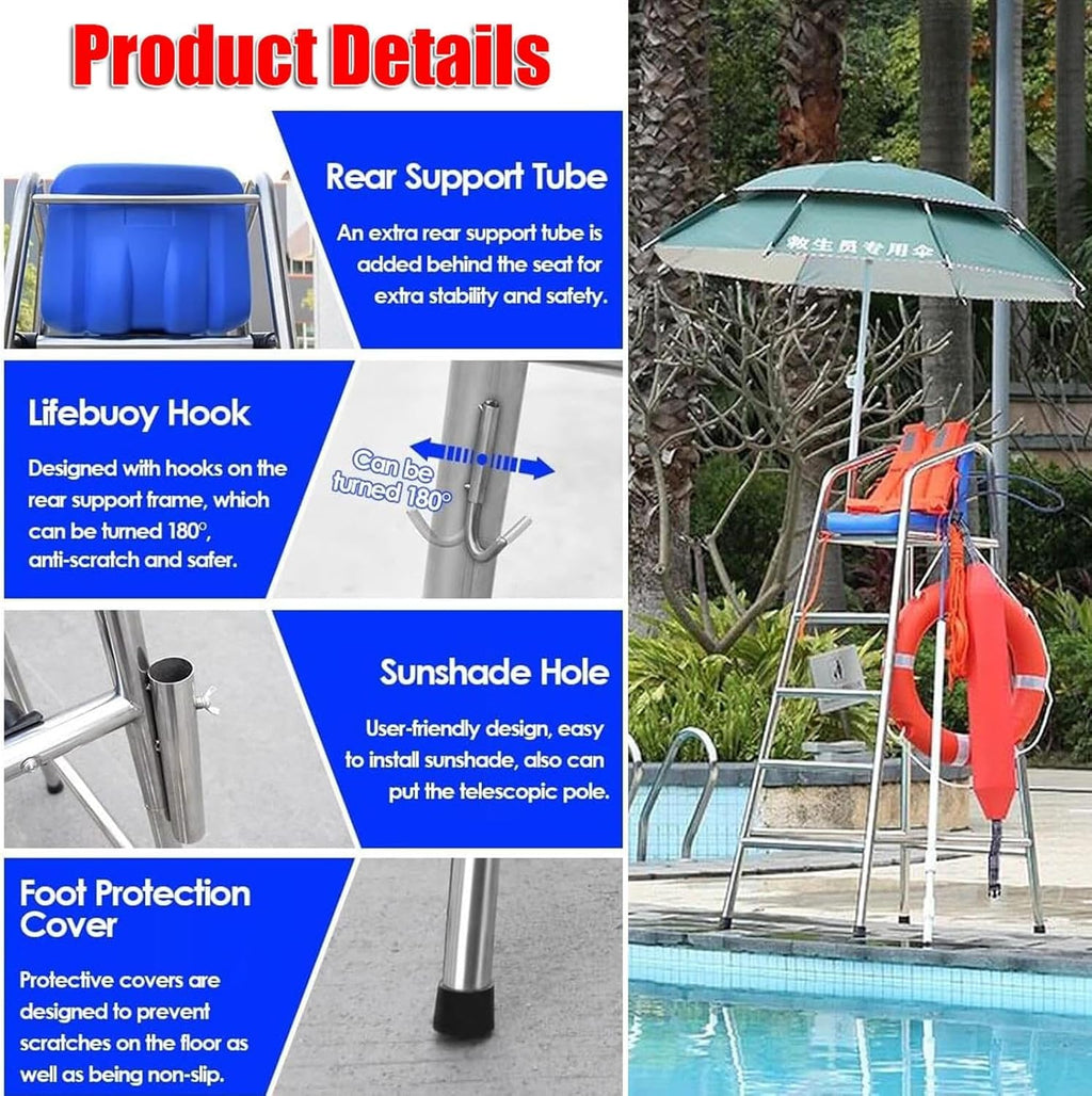Tennis Volleyball Referee Chair Stand, 120 150 180 cm High Stainless Steel Lifeguard Chair for Pools Patio Lake Beach, Outdoor Extra Tall Life Guard Deck Chairs/Bar Stool(150cm/4.9ft Tall)