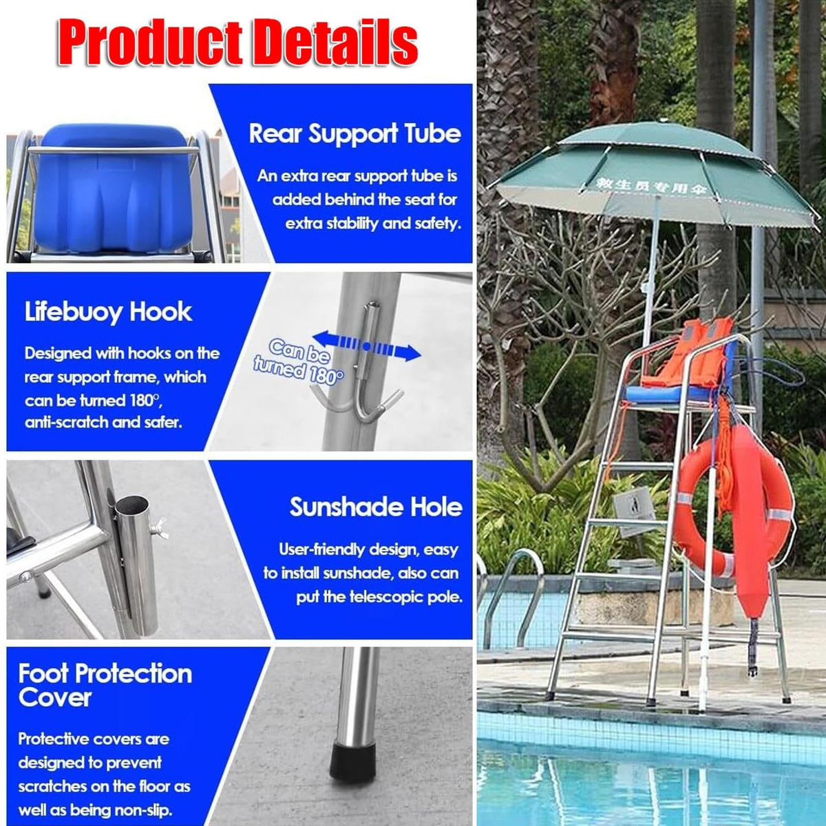 Tennis Volleyball Referee Chair Stand, 120 150 180 cm High Stainless Steel Lifeguard Chair for Pools Patio Lake Beach, Outdoor Extra Tall Life Guard Deck Chairs/Bar Stool(150cm/4.9ft Tall)