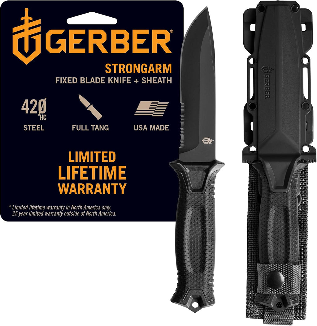 Gerber Gear StrongArm - Fixed Blade, Full Tang Knife - Camping Knife with Multiple Carry Options - Made in USA - Black, Serrated Edge