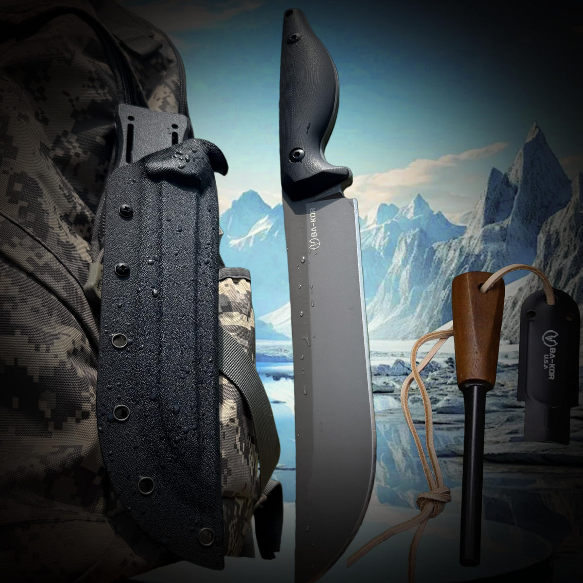 BA-KOR 5MM (9CR18MOV) steel 12.8'' full tang Hunting knife +K sheathing &5.9" cerium igniter can be used outdoors for outdoor hunting, camping, obstacle clearing, wood chopping, BBQ, fishing, kitchen cutting, EDC tools, gifts (G10 Black-C, Inches, 12.8)