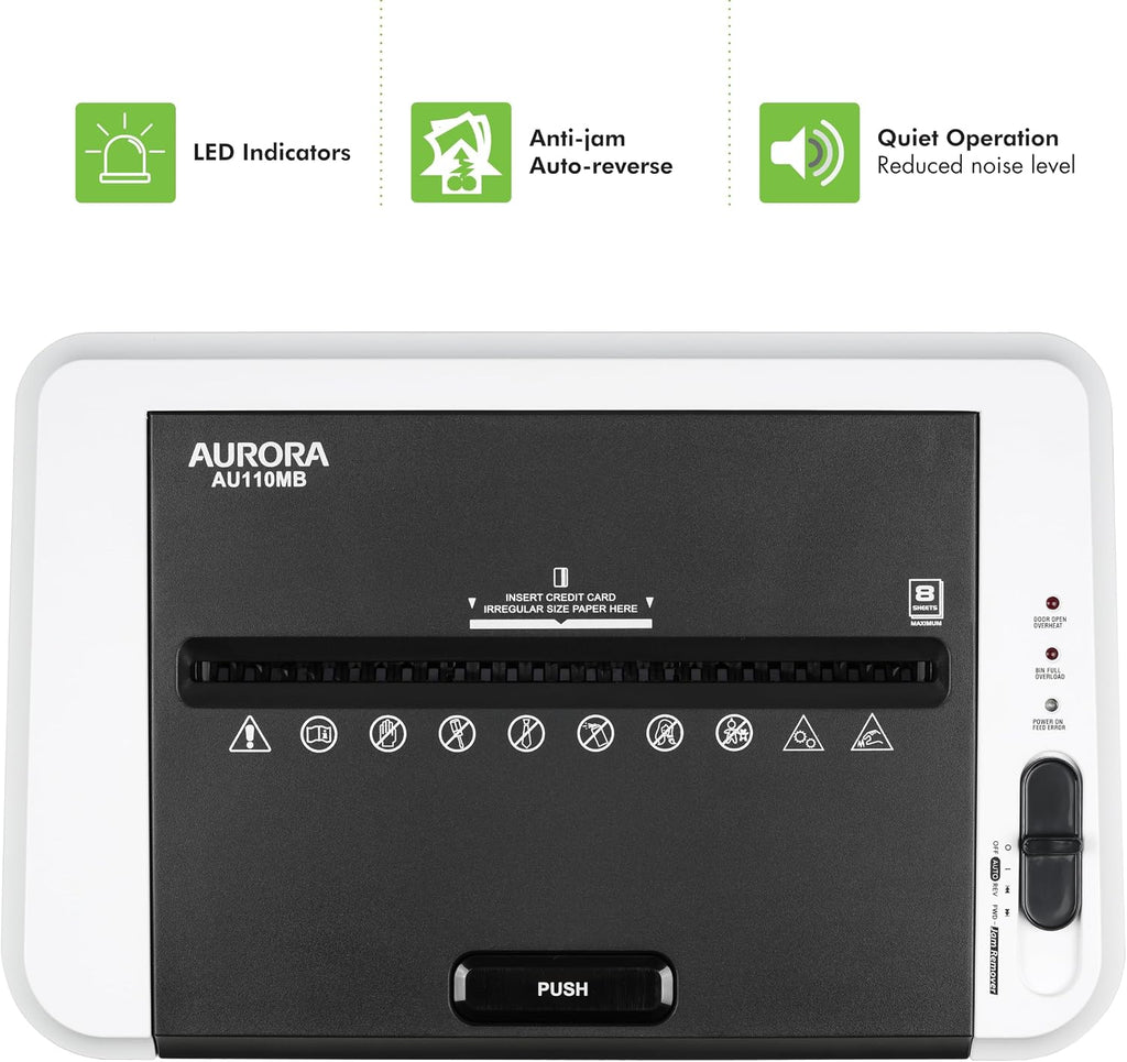 Aurora High Security AU110MB 110-Sheet Auto Feed Micro-Cut Paper and Credit Card Shredder with 4 Gallon Pullout Basket / 30 Minutes/Security Level P-4 (White/Black)