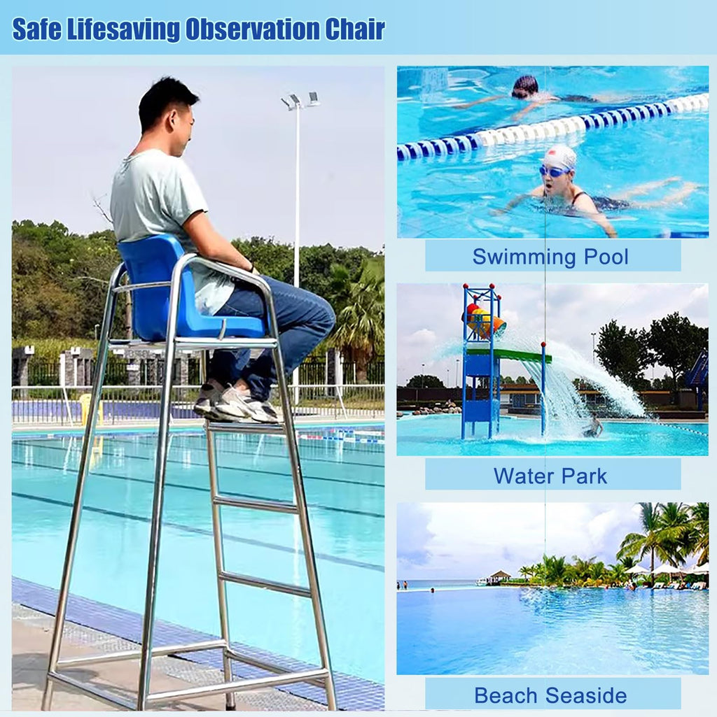 Beach Sandy Tennis/Volleyball Referee Stand Chair, 304 Stainless Steel Lifeguard Chair W/Comfortable Seat & Umbrella, Portable 1.2 1.5 1.8 M Tall Life Guard Deck Chairs/Bar Stool(70in/5.9ft/1.8m)