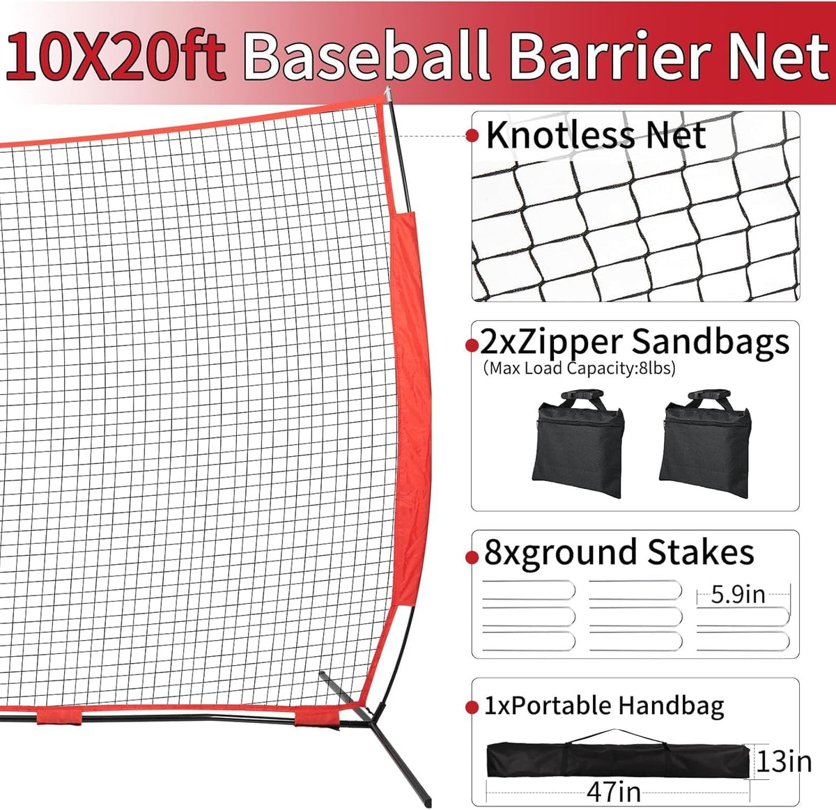 6x7/7x7/16x10/20x10ft Baseball Bating Net,Fix Ball Stop Net by Spike&2 Sandbag,Sports Net Barrier with Handbag,Lacrosse Net Backstop for Basketball,Softball,Baseball Net Barrier for Backyard
