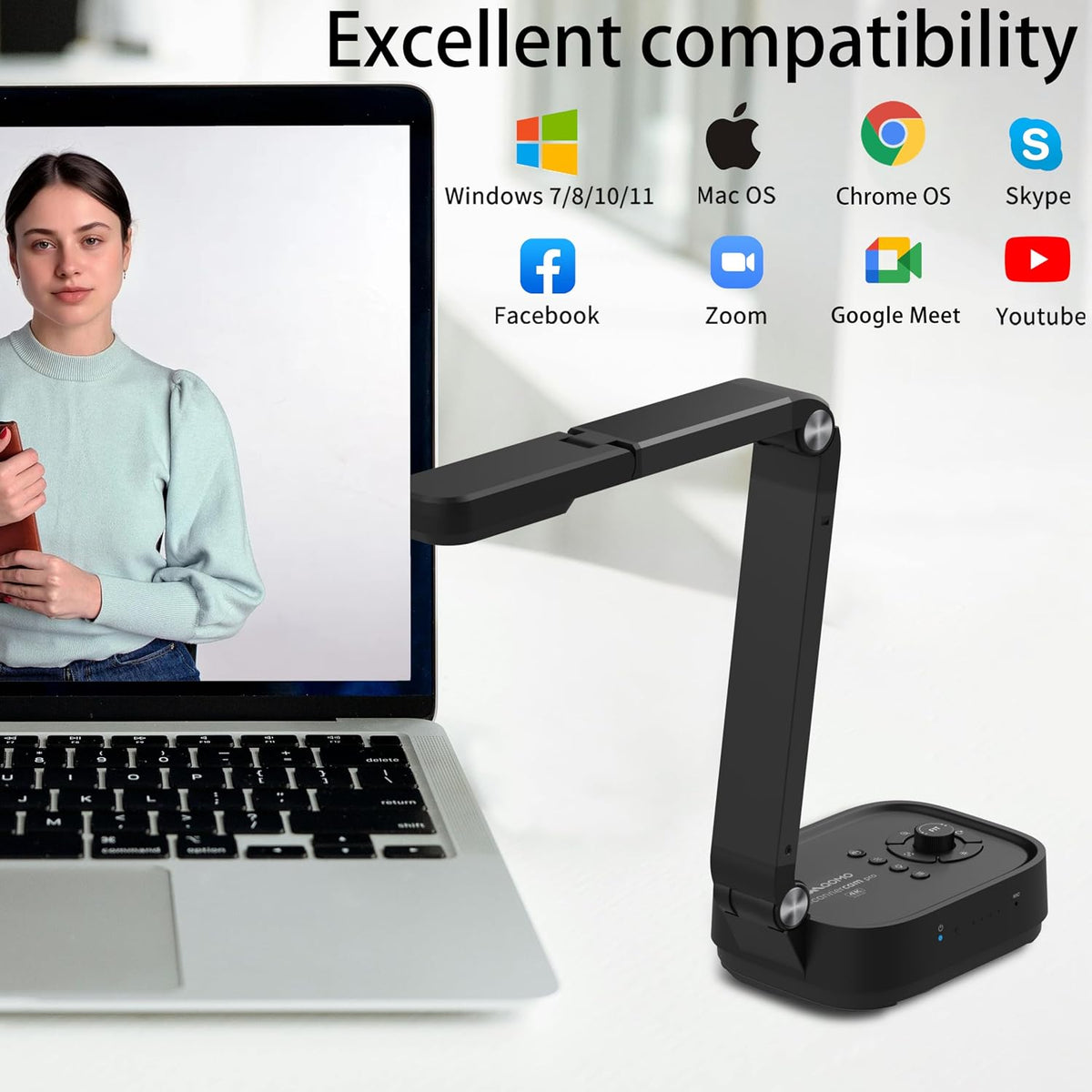 QPC100S 4K USB 13MP Portable Document Camera, with Mic, LED Light,Auto Focus, HDMI/USB Plug and Play, Compatible with Mac OS, Windows, Chromebook Compatible for Live Demo and Document Scanning