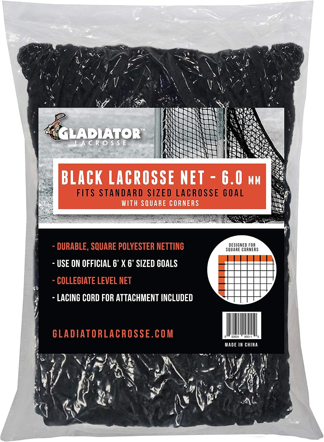 Gladiator Lacrosse Collegiate Level 6mm Heavy Duty Black Replacement Lacrosse Goal Net 6'x6' for Professional Goals (Square Corners) (852624005301)