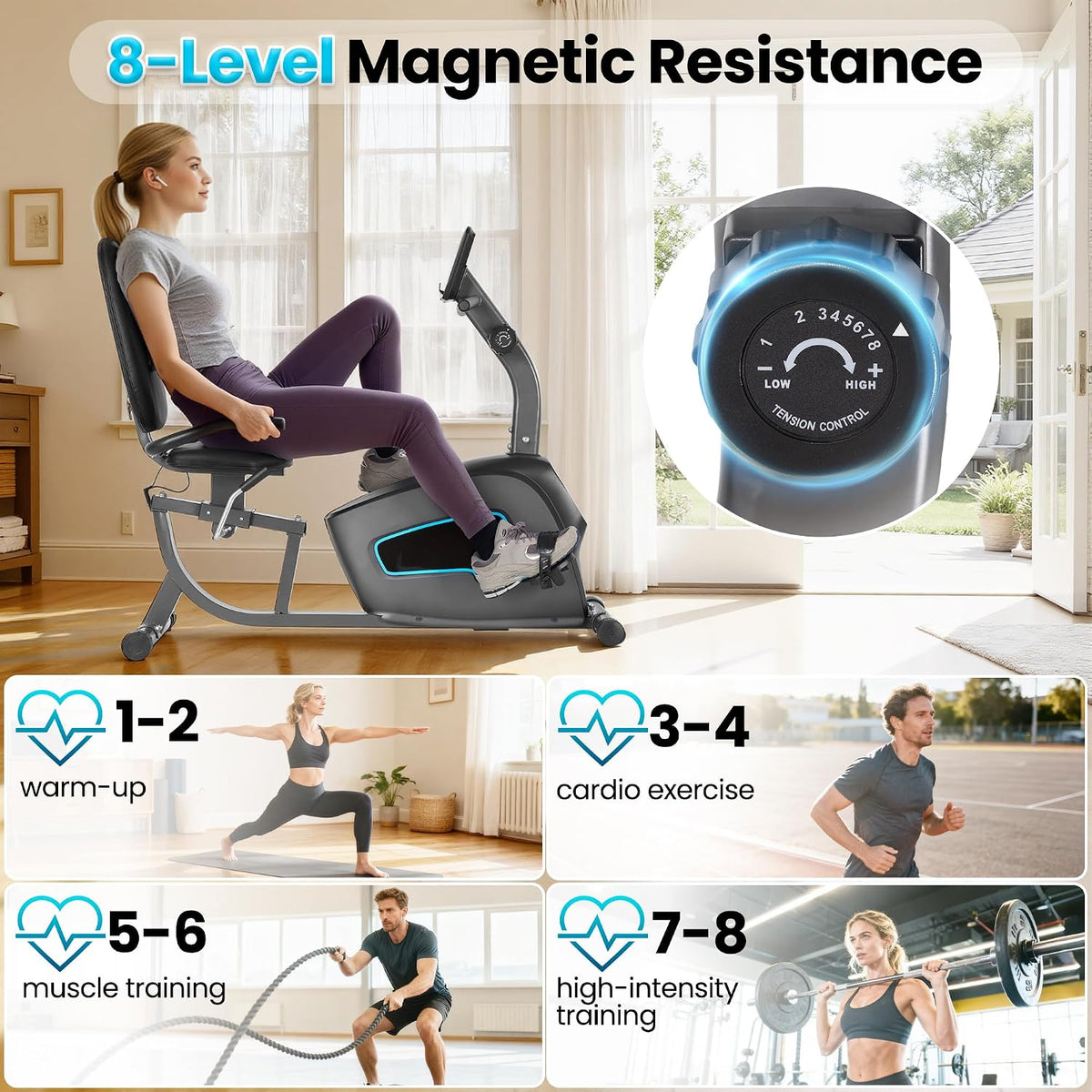 BODIOO Exercise Bike, Recumbent Exercise Bike for Seniors, Stationary Bike for Home Workout, 8-Level Magnetic Resistance, Quiet Smooth Ride, Comfortable Seat with Backrest, Heart Rate Monitor, 300LB Capacity