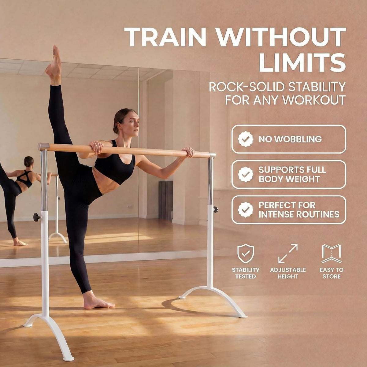 Ballet Barre Portable for Home or Studio, Freestanding Adjustable Bar for Stretch, Balance, Pilates, Dance or Active Workouts, Single or Double Bar, Kids and Adults