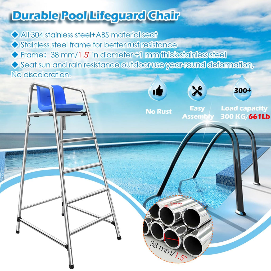 Heavy-Duty Rustproof Stainless Steel Lifeguard Chair - Durable Referee Stand for Pools, Water Parks & Lakes - Essential Lifeguard Equipment for Safety Use(72x82x120cm/28.3x32.3x47.2inch)