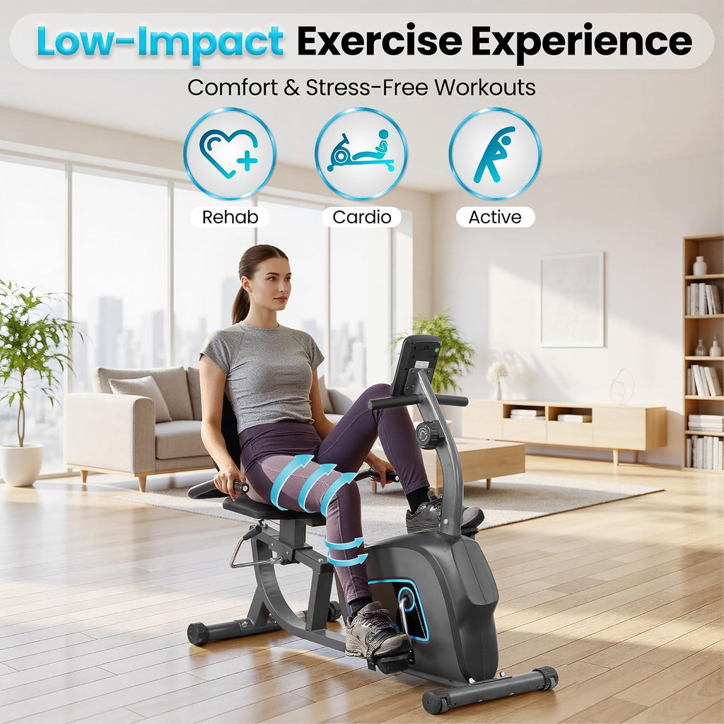 BODIOO Exercise Bike, Recumbent Exercise Bike for Seniors, Stationary Bike for Home Workout, 8-Level Magnetic Resistance, Quiet Smooth Ride, Comfortable Seat with Backrest, Heart Rate Monitor, 300LB Capacity