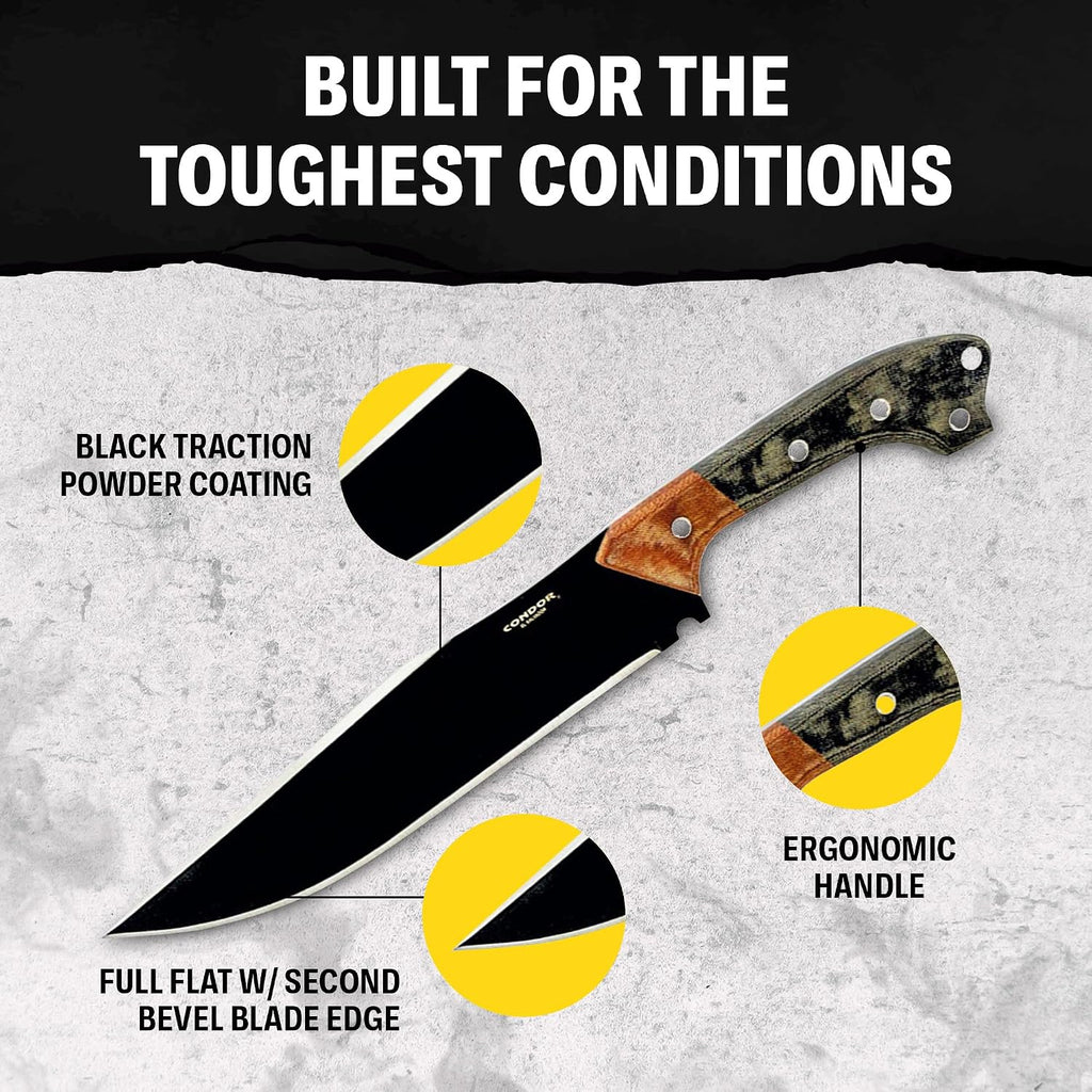 Condor Tool & Knife Atrox Knife | Hunting Knife with Kydex with Leather Belt Loop Sheath | High Carbon Steel Survival Knife with a Micarta Handle | Fixed Blade Tactical Knife | 10.9 in Blade | 29.6oz