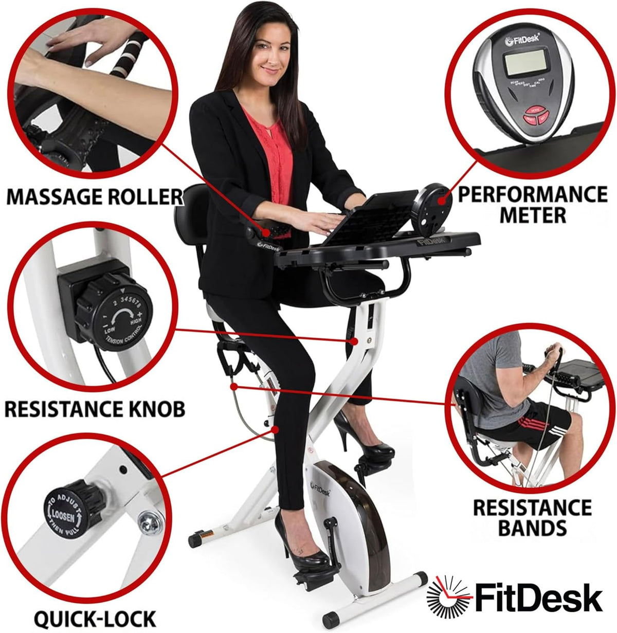 FitDesk Standing Exercise Bike Desk 3.0, Adjustable Height Indoor Cycling Trainer with Laptop Tray, Portable Stationary Fitness Desk for Home Office, Foldable Exercise Workstation, Supports 300 lbs