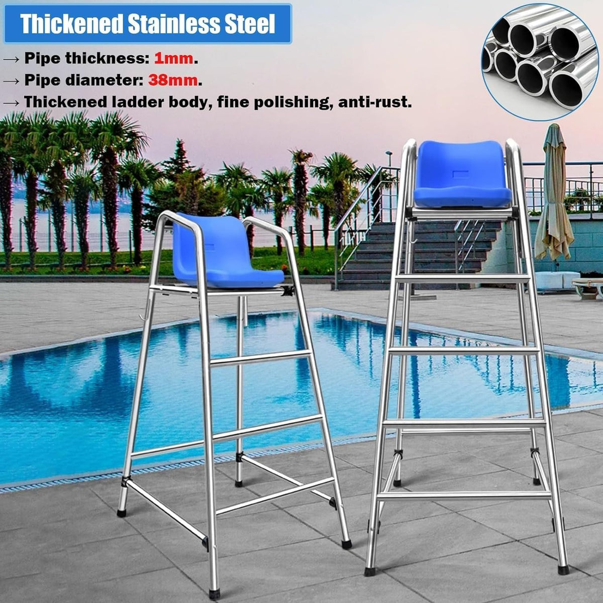 Pool Ladders 120 150 180 cm High Tennis Volleyball Referee Chair Stand for Pools Patio Lake Beach, 304 Stainless Steel Lifeguard Chair w/Comfortable Seat(120cm/47.2in/3.9ft high)