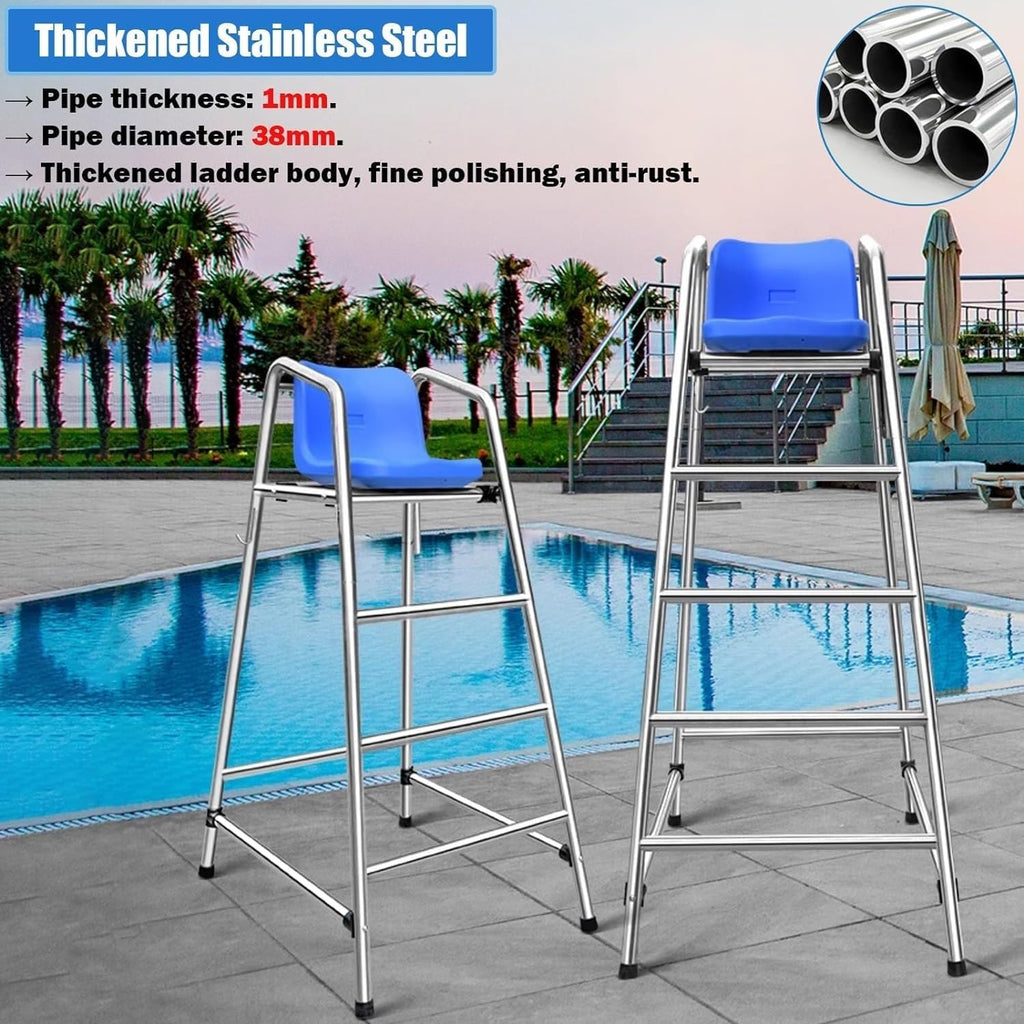 High Stool Pool Ladders 120 150 180 cm High Tennis Volleyball Referee Chair Stand for Pools Patio Lake Beach, 304 Stainless Steel Lifeguard Chair w/Comfortable Seat(150cm/59in/4.9ft high)